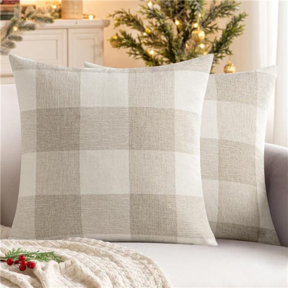 Pack of 2 Farmhouse Buffalo Check Plaids Polyester Linen Soft Soild